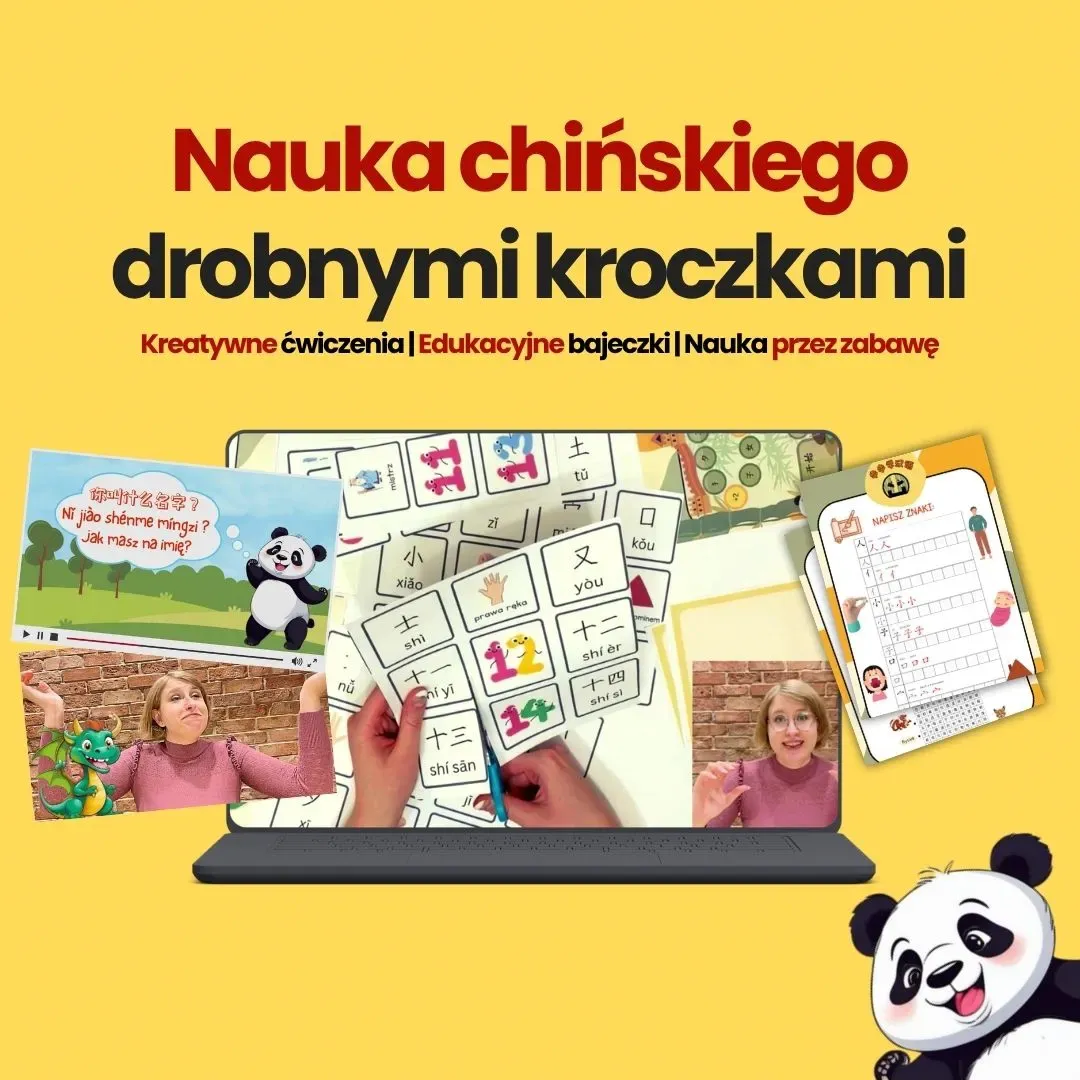 Podgląd kursu chińskiego dla dzieci online - Chiński drobnymi kroczkami. W środku: bajeczki edukacyjne ze zwierzęcymi bohaterami, kreatywne ćwiczenia, karty do druku.